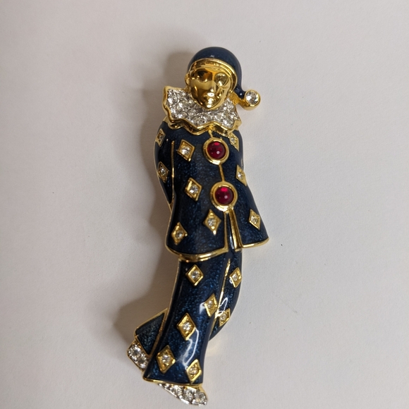 RARE Vintage Carucci Pierrot Harlequin Clown Brooch – Enamel & Rhinestones, 2.5” - Picture 2 of 11